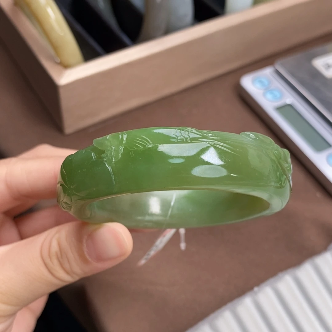 和田玉手镯未镶嵌满翠青手镯50.6#