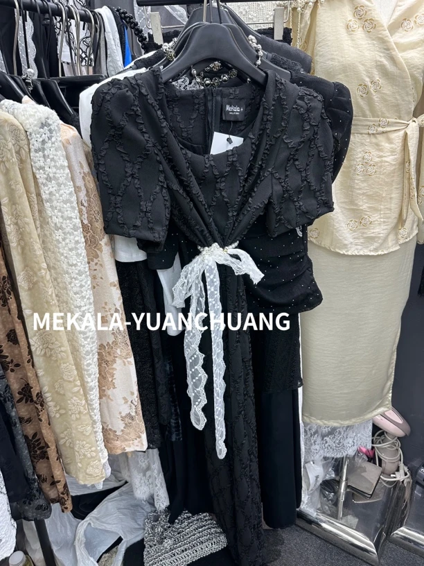 女人气质风连衣裙配蕾丝珠腰链2532