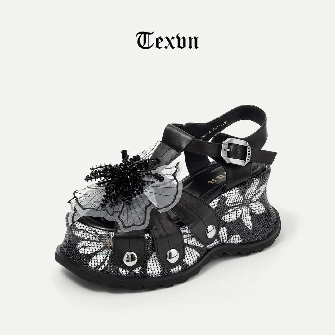 圆头花朵露趾丁字式扣带高跟防水台时装凉鞋黑色坡跟编织罗马凉鞋