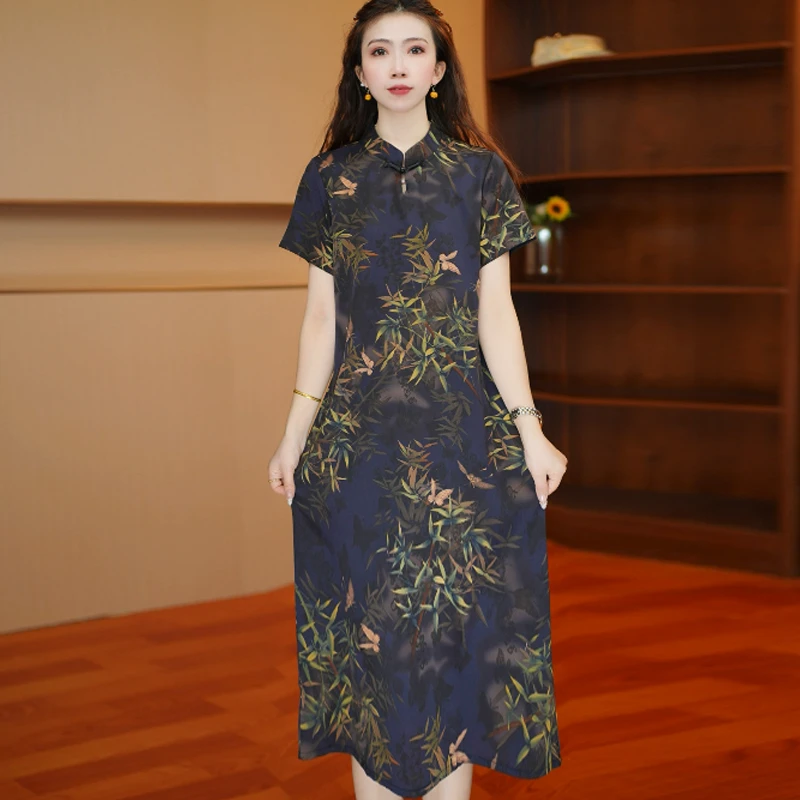 墨影竹蝶盘扣裙  夏季时尚减龄连衣裙百搭短袖裙子