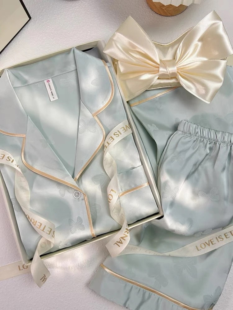 2025新款轻奢提花冰丝三件套睡衣女夏季甜美风宿舍短袖套装家居服