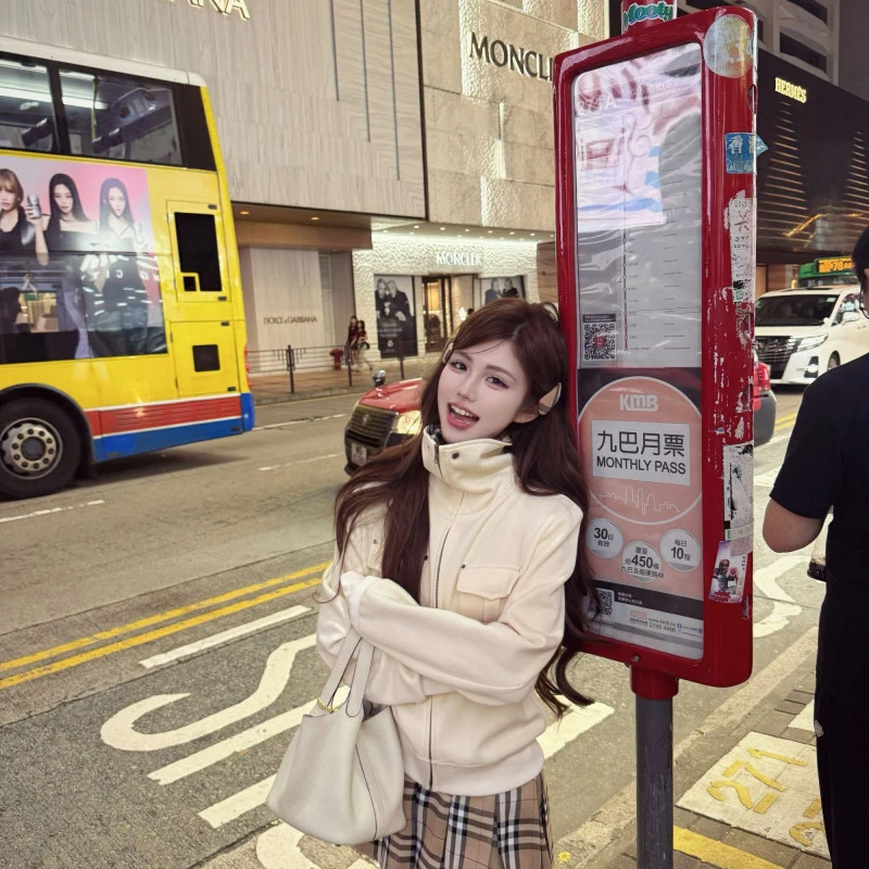 【格纹旧刊】韩系学院拉链开衫格子裙裤新款洋气休闲卫衣套装-5101