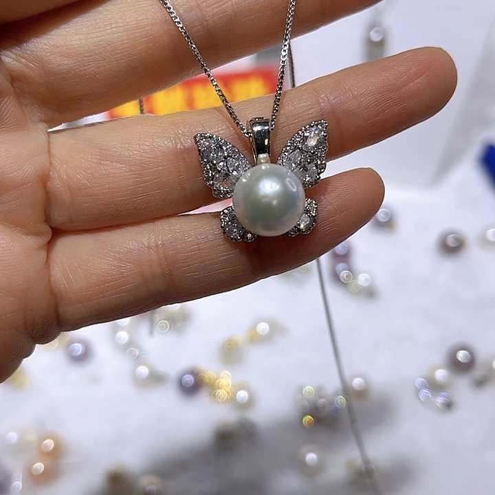 淡水珍珠白珠银色蝴蝶万能扣银S925镶嵌
