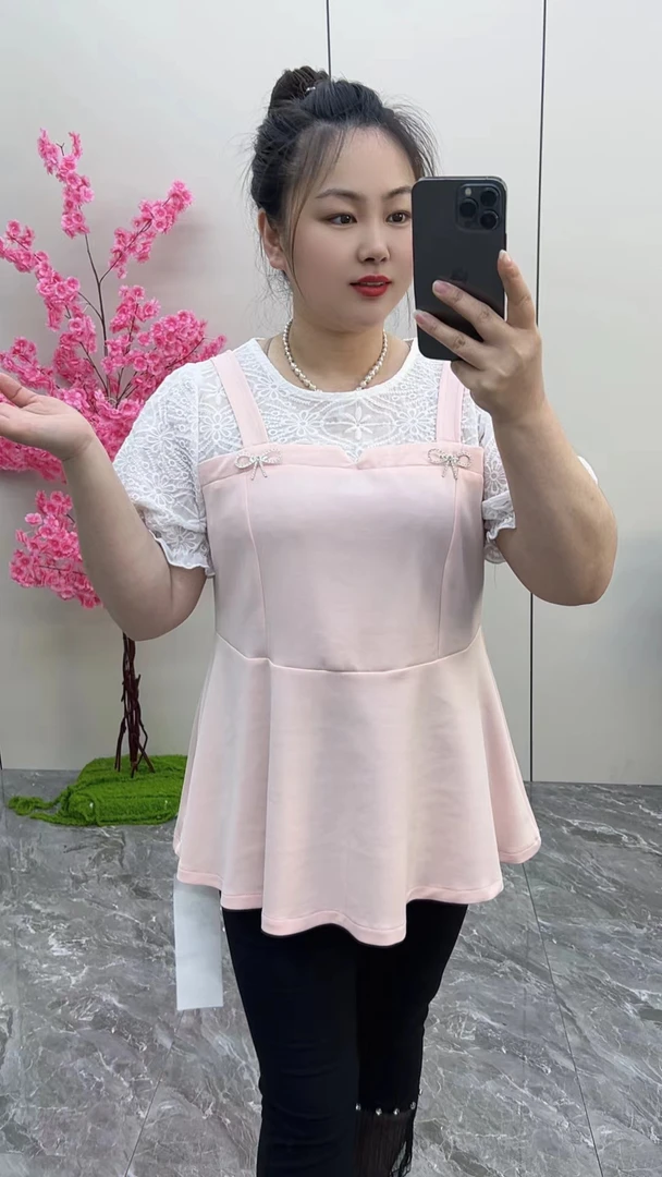 加肥圆领拼接吊带假两件短袖上衣韩版夏季款小众设计胖MM甜美小衫