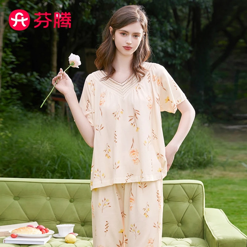 芬腾【100%纯棉】春季花边V领花卉七分裤短袖家居服套装女睡衣