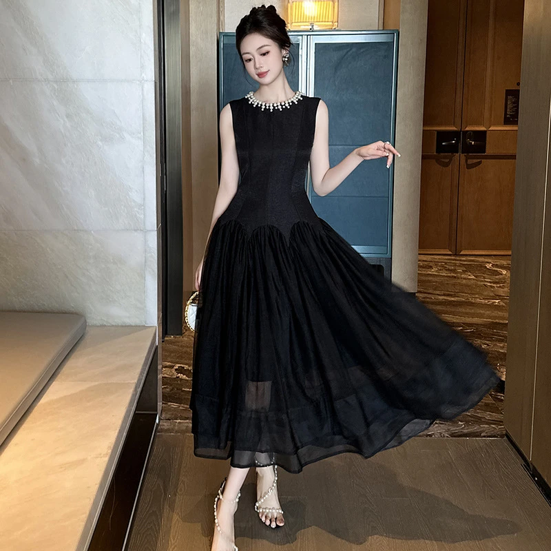 2025夏季新款女装法式黑色气质无袖连衣裙高腰修身长款蓬蓬裙