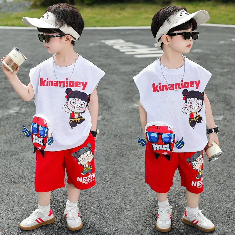 男童夏装套装2025年款宝宝夏季薄款衣服哪吒儿童无袖背心时尚服装