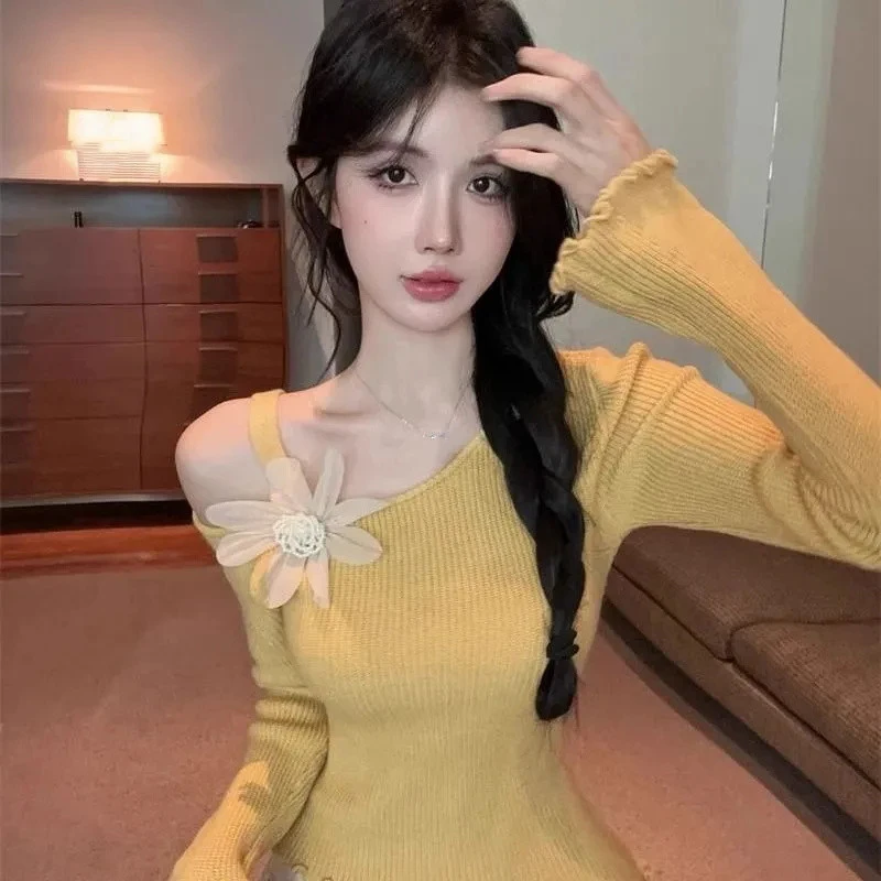 2025秋季新款打底上衣女韩版时尚修身立体花朵吊带斜领露肩针织衫