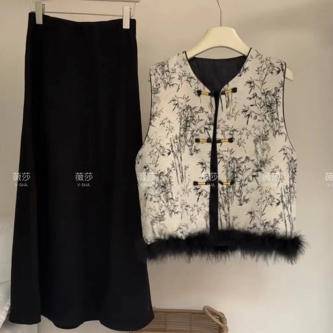 薇莎【竹叶】新中式夹棉圆领毛毛下摆水墨风百搭马甲