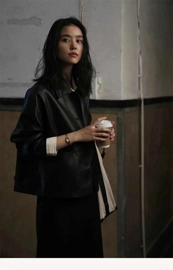 【步步专属】喜午97158休闲短款皮衣春秋时尚百搭女士黑色宽松韩版