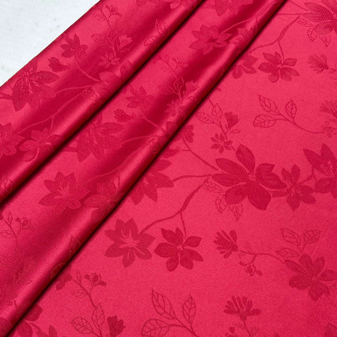 红色鸢尾花重缎布料旗袍汉服面料