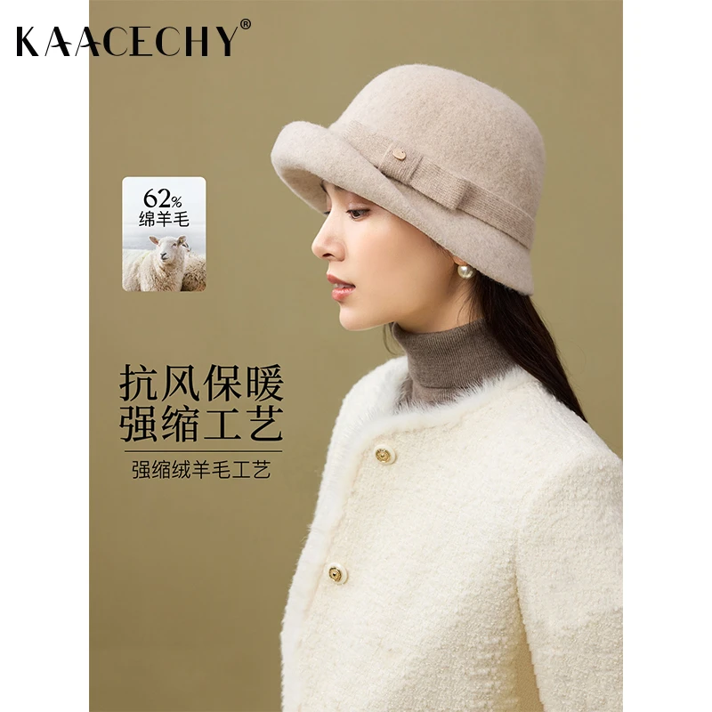 时尚百搭羊毛保暖渔夫帽子女2025冬季新款法式复古卷边蝴蝶结盆帽