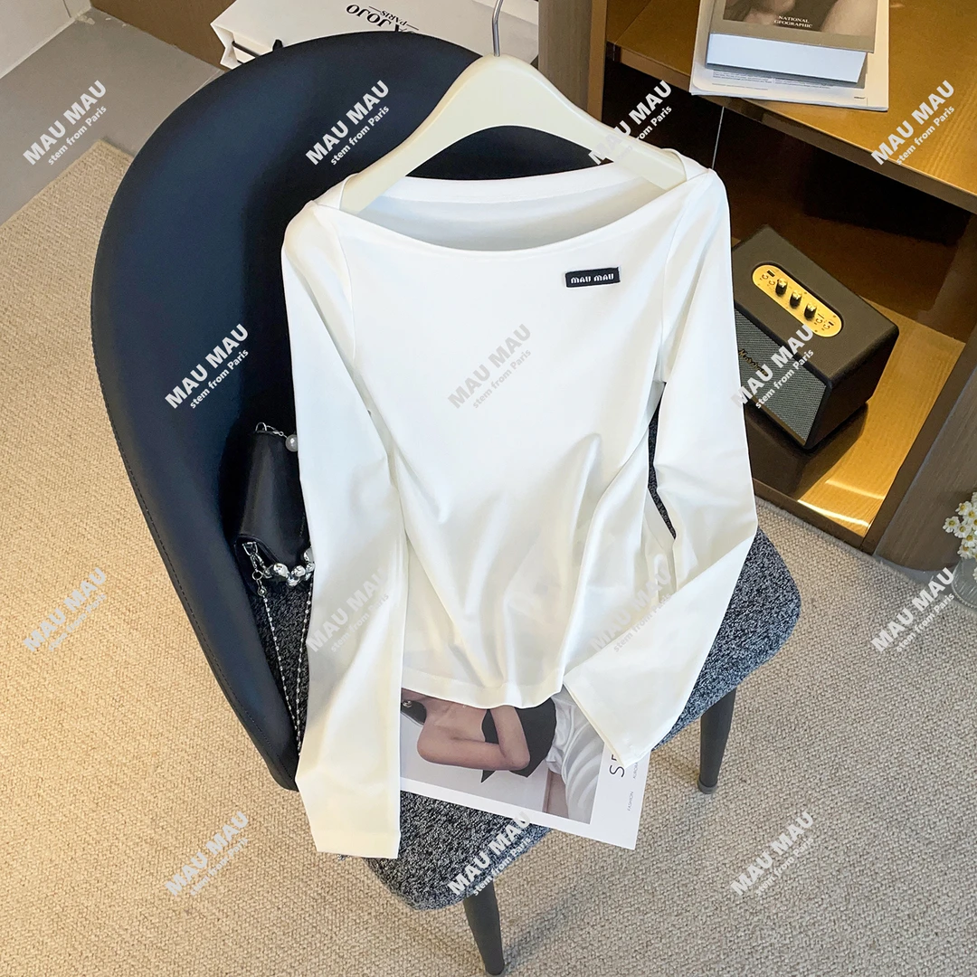 一字领露肩长袖上衣女新款修身打底衫上衣DY8903