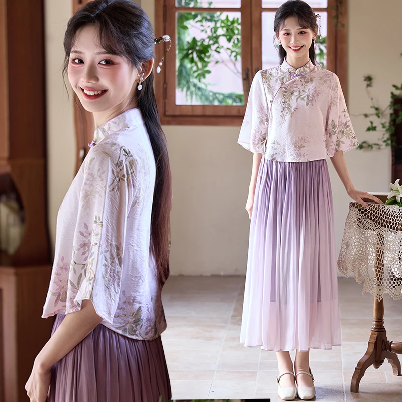 2025春夏新中式国风文艺少女斜襟上衣复古日常半身裙茶艺服汉服女