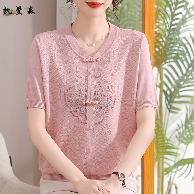 妈妈夏装国风针织上衣气质短袖T恤女装4050中老年夏季绣花打底衫