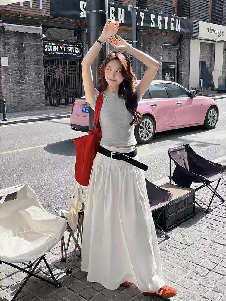 韩系辣妹高腰褶皱半身裙女夏季新款时尚百搭宽松显瘦大摆长裙