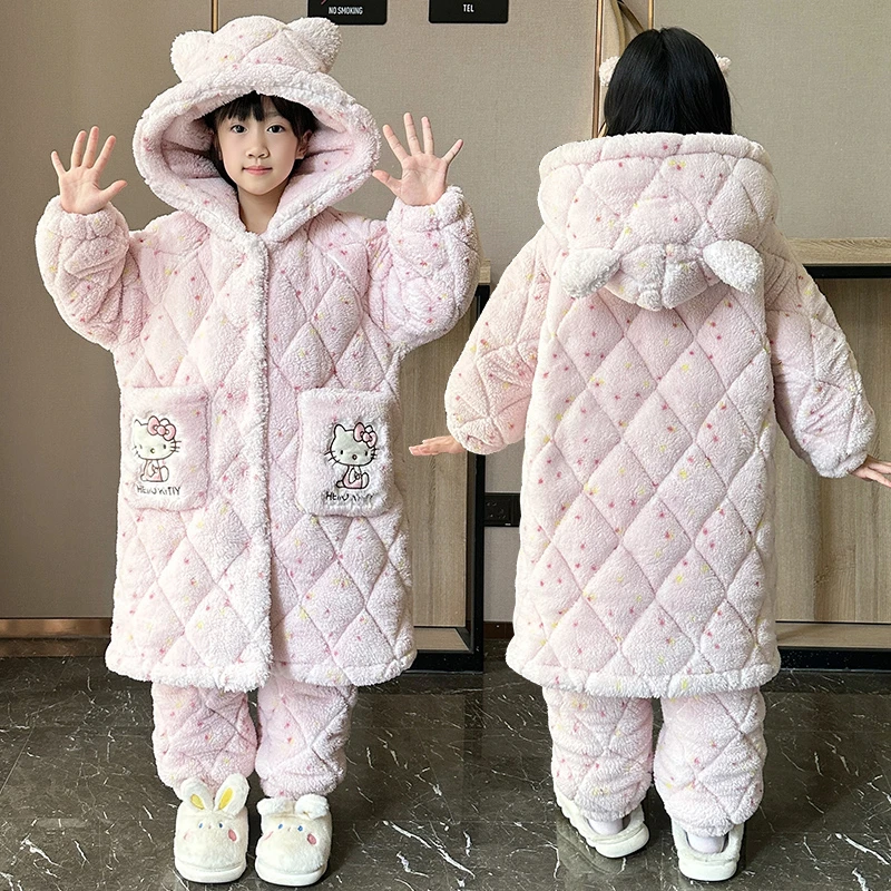 儿童三层夹棉冬季新款女童法兰绒睡衣加绒加厚睡袍连帽母女家居服
