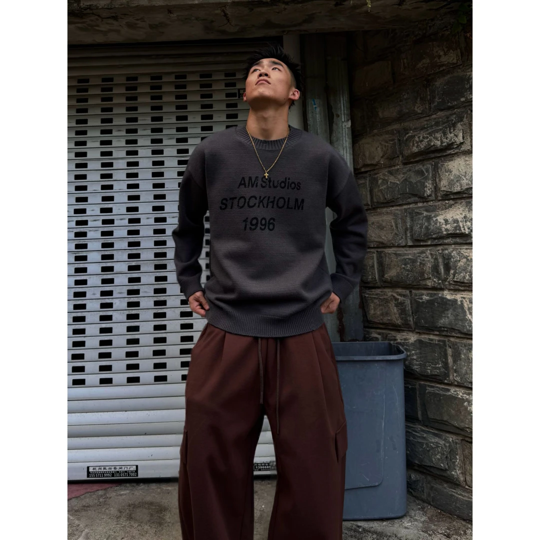 SFANG 冬季重磅加厚美式潮牌针织圆领百搭情侣印花字母上衣毛衣男