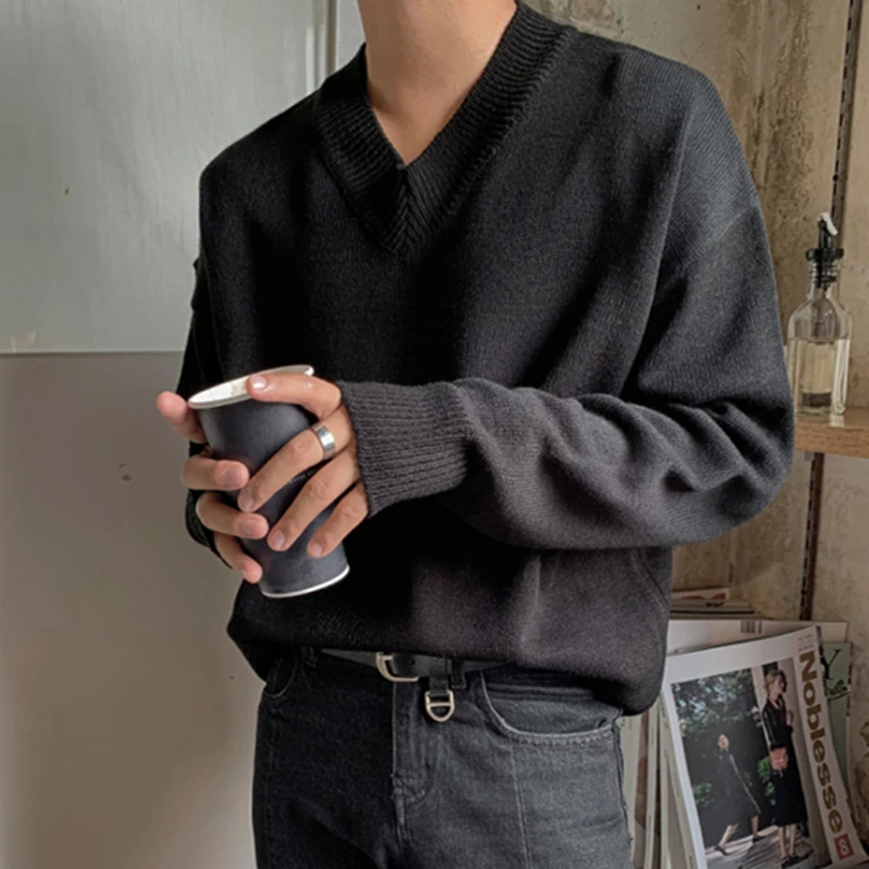 港风秋冬季V领毛衣男宽松纯色打底衫修身针织衫鸡心领线衣韩潮