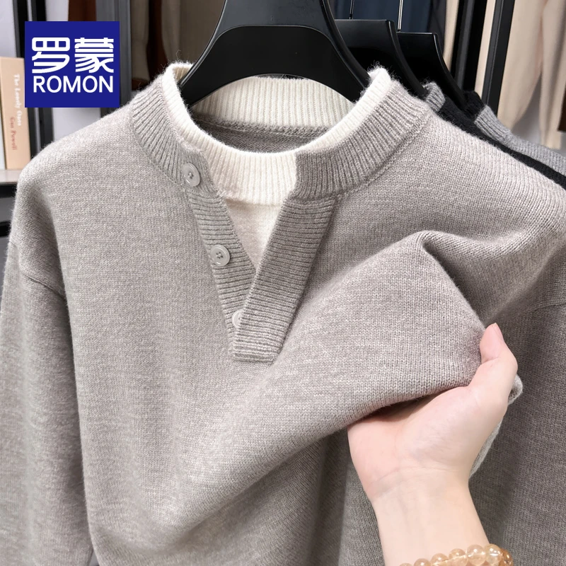 罗蒙秋冬季男士假两件针织衫男款商务休闲男装韩版套头打底毛衣男