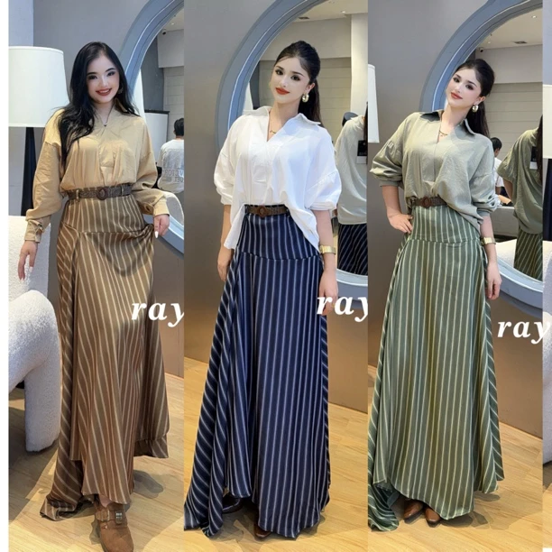 Rayhon夏季新款韩系斜条纹高腰显瘦百搭气质半身长裙