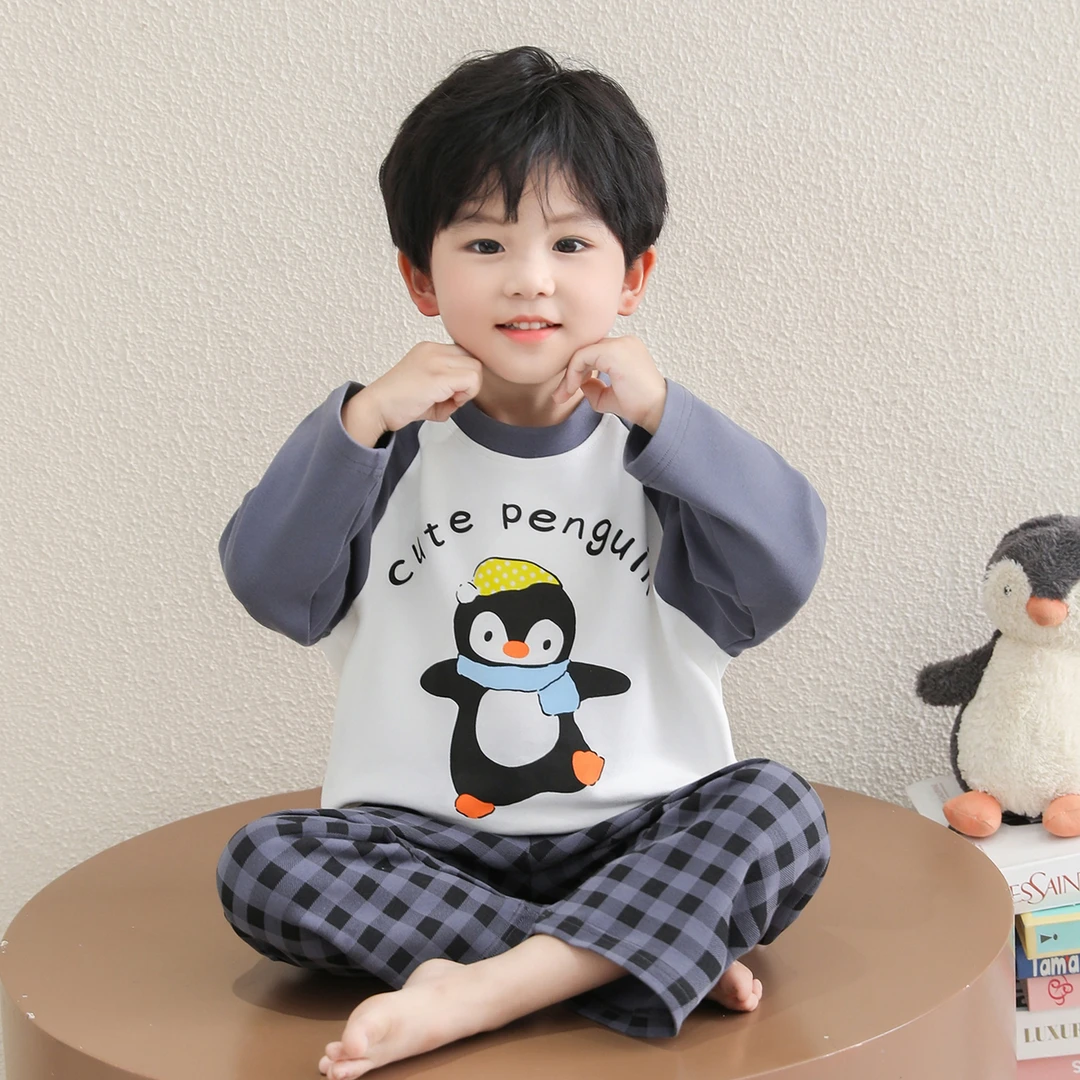 男童睡衣2025新款儿童a类纯棉春秋企鹅男宝秋衣套装小男孩家居服