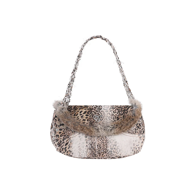 1JINN CIRCLE 豹纹印花兔毛饺子包通勤裤袋款单肩斜挎包