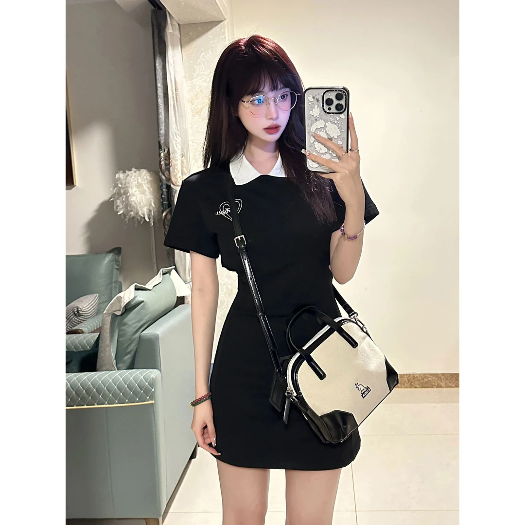 694~纯欲辣妹黑色修身显瘦短裙女夏小个子设计感学院风a字连衣裙