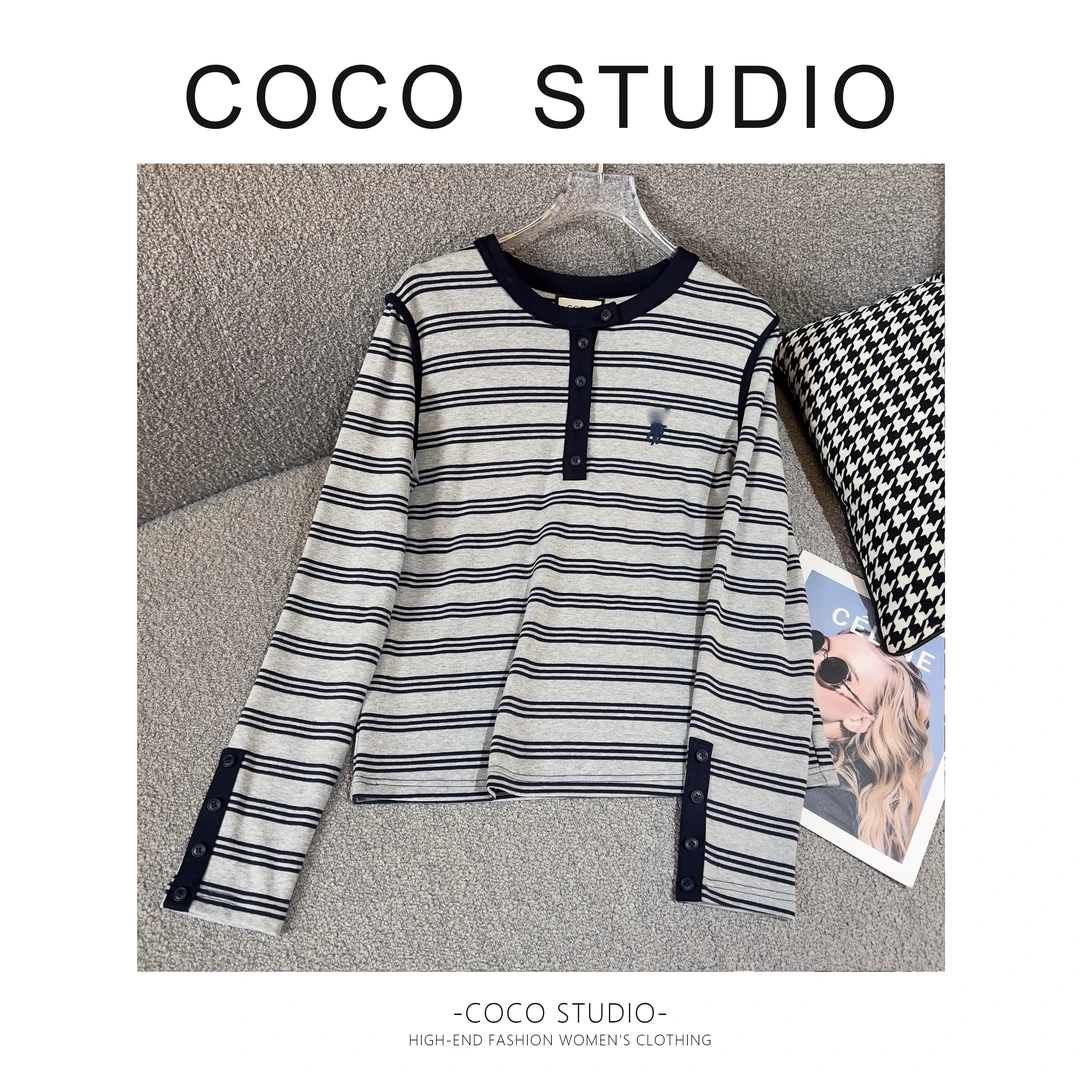 【慧姐专属】时尚新款百搭女装拼接纯棉时尚撞色拼色长袖T恤DDS089