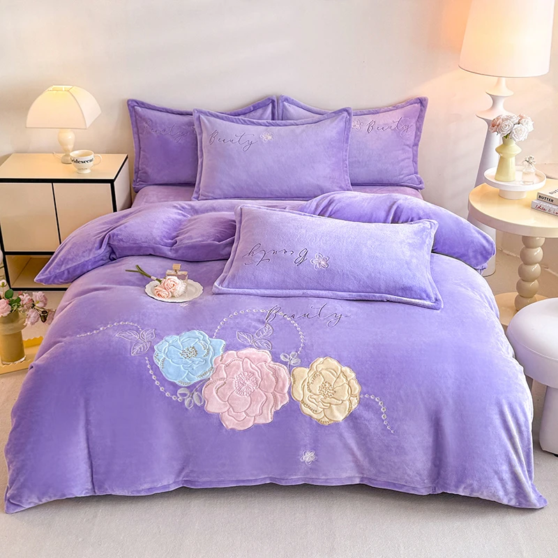 冬季高克重加绒加厚牛奶绒贴布磨毛绣花四件套加厚款牛奶绒四件套