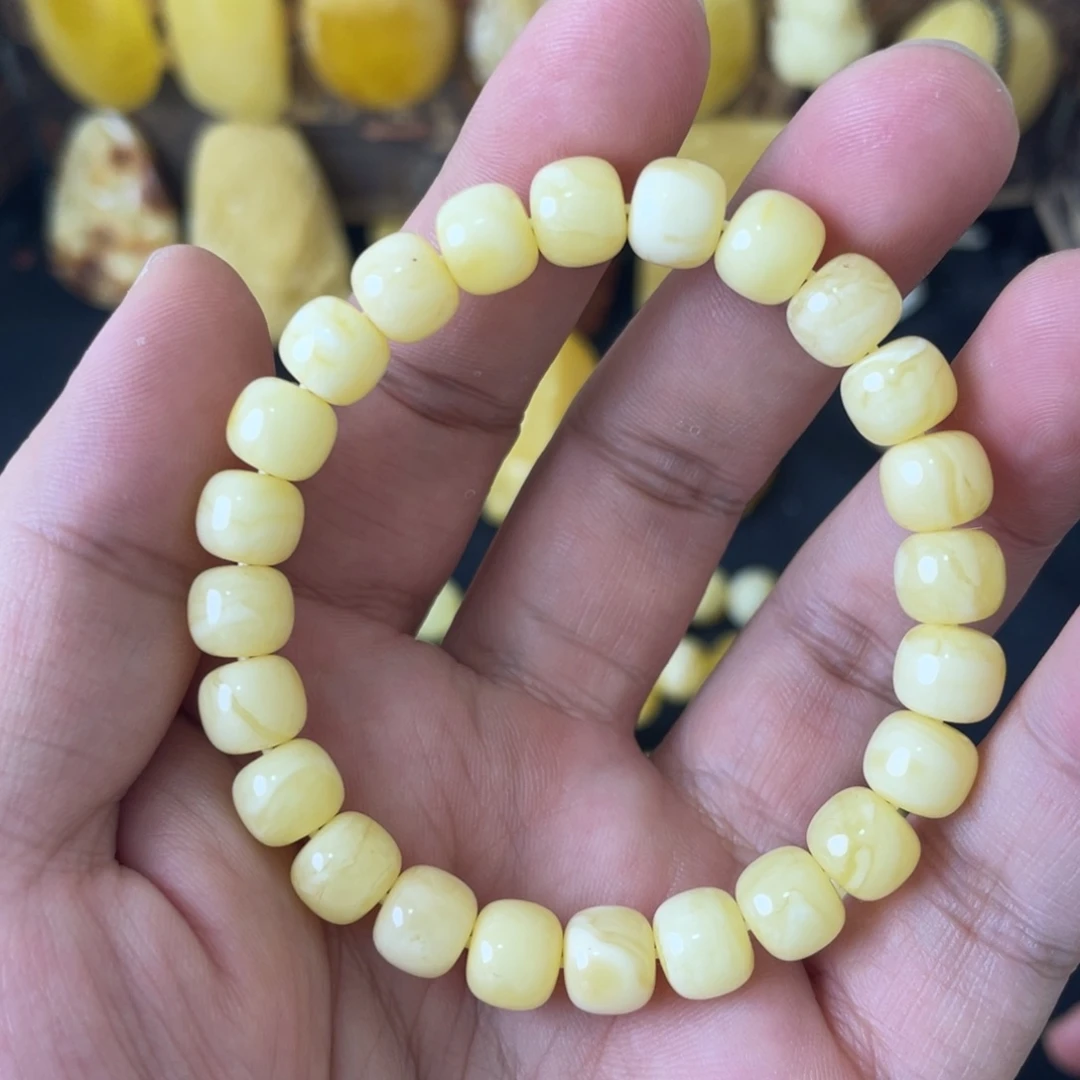 琥珀未镶嵌手串8+俄料浓蜡白花精工老型手串（微瑕）