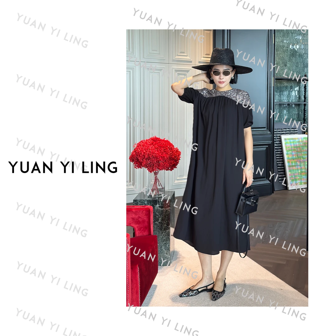 袁艺灵【闪耀巴黎】25夏季上新醋酸亮片时髦拼接轻奢优雅女装连衣裙