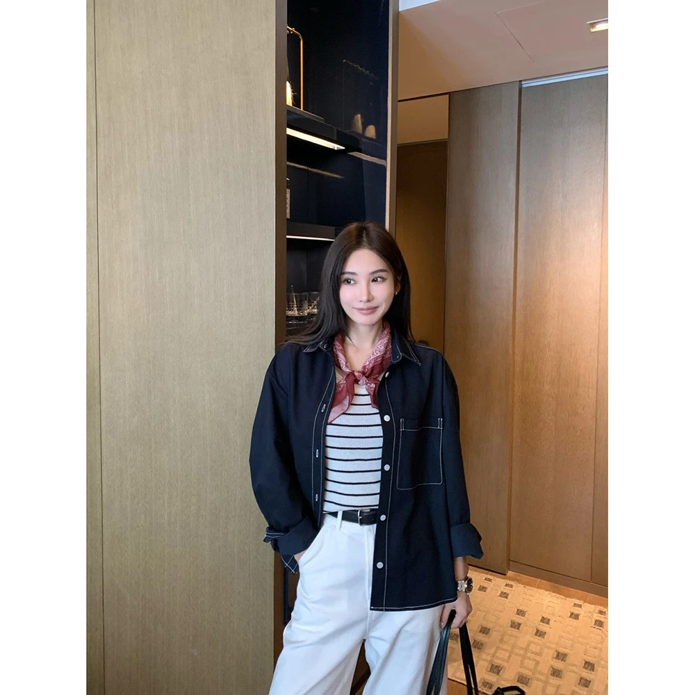 【拉图纳】“天丝+进口棉”极简设计小众长袖翻领明线牛仔衬衫01158