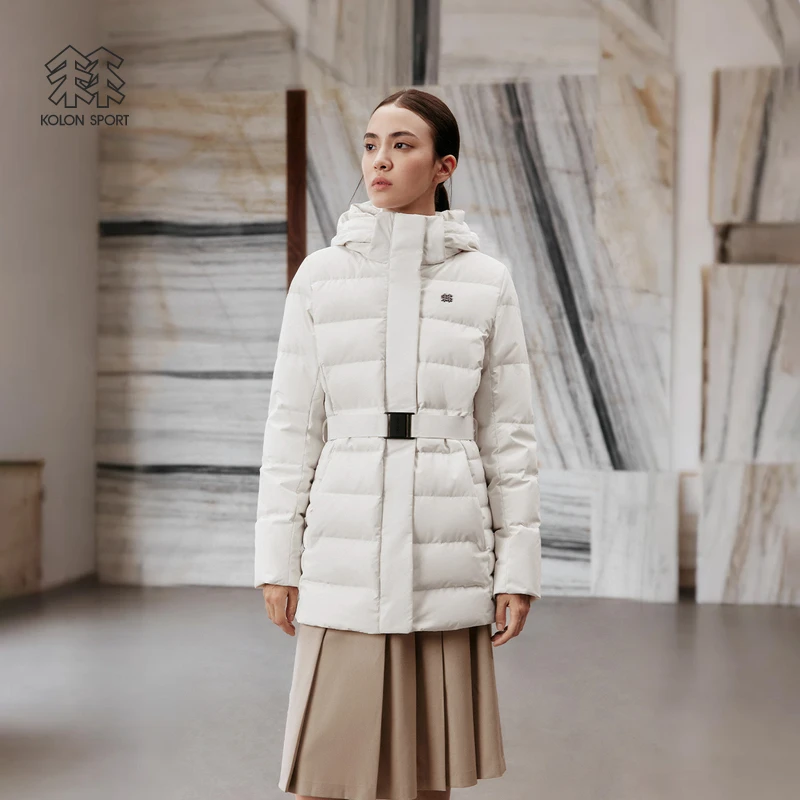KOLON SPORT可隆羽绒衣防风防泼水女士中量连帽收腰鹅绒夹克