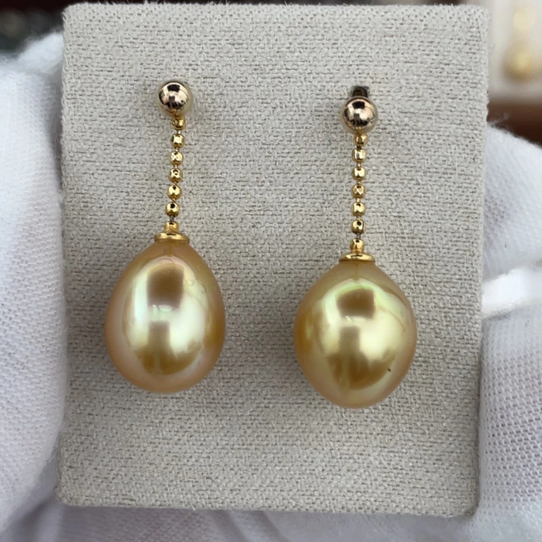 银S925镶嵌耳饰海水珍珠金珠水滴型9-10mm