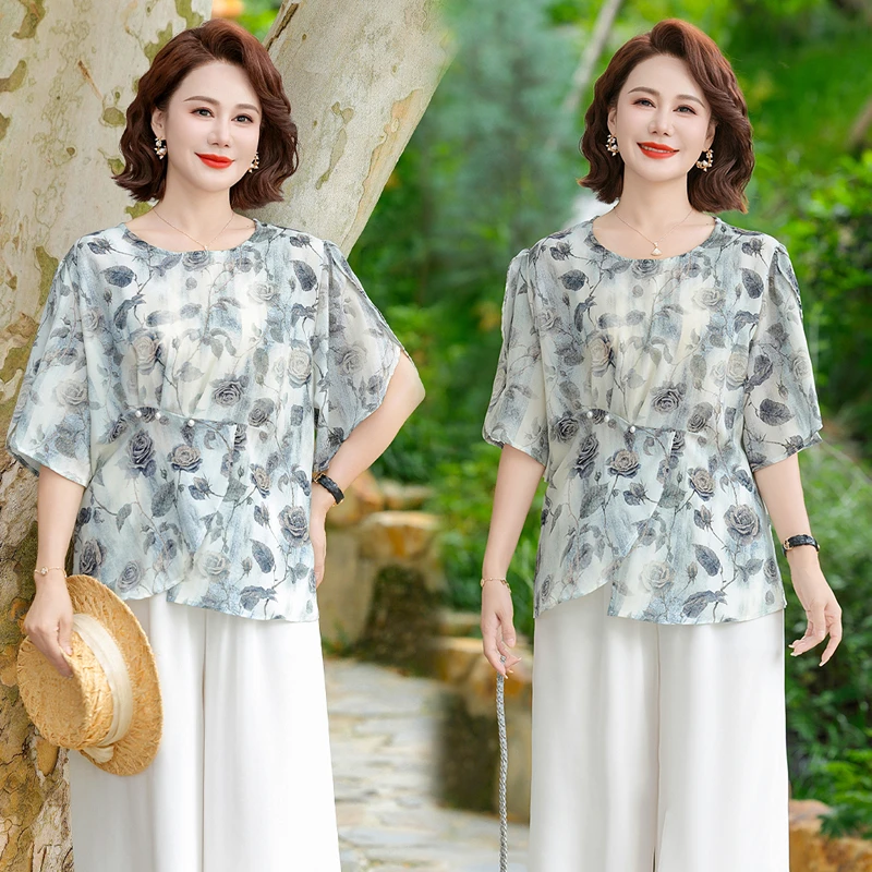 洋气妈妈夏季衬衫时尚宽松上衣中老年女装大码女士小衫