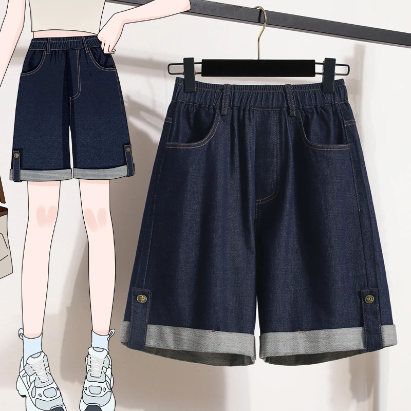 大码女装夏季薄款天丝牛仔短裤女胖妹妹宽松阔腿休闲卷边五分短裤
