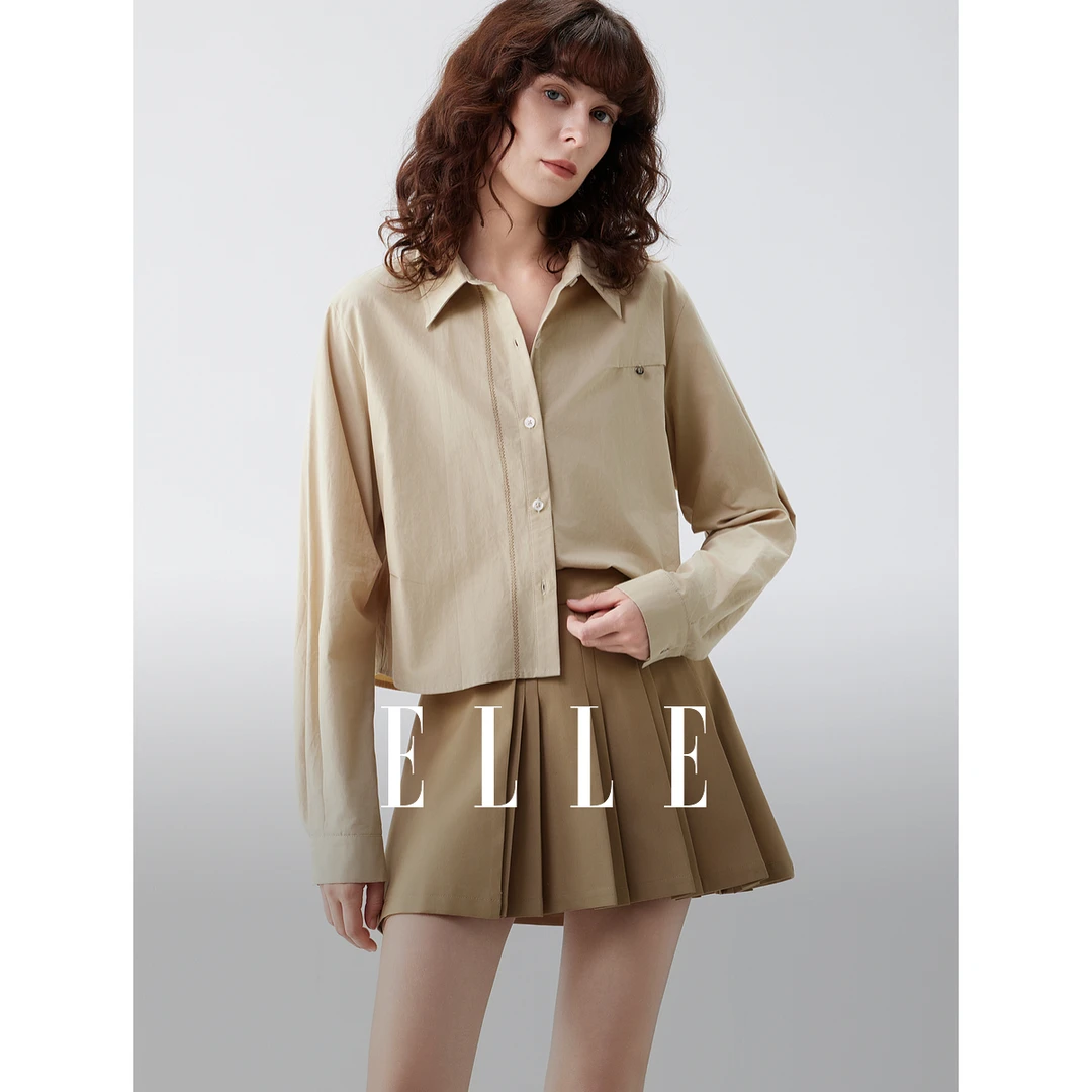 ELLE法式通勤短款衬衫女2025秋季宽松极简设计感复古衬衣EC52629