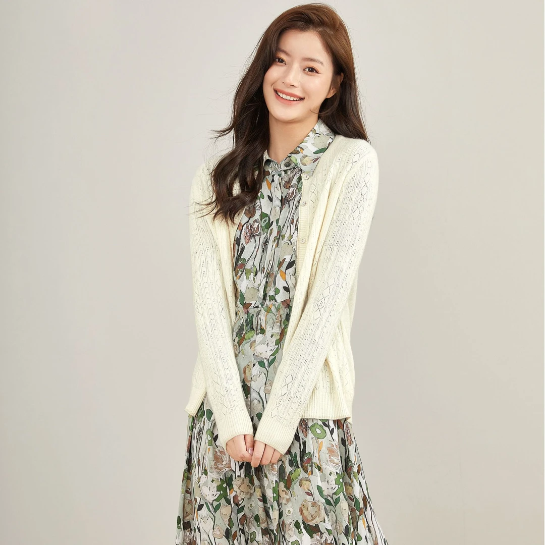 【小水x米皇】100%山羊绒女开衫秋冬浪漫提花羊绒针织衫512117