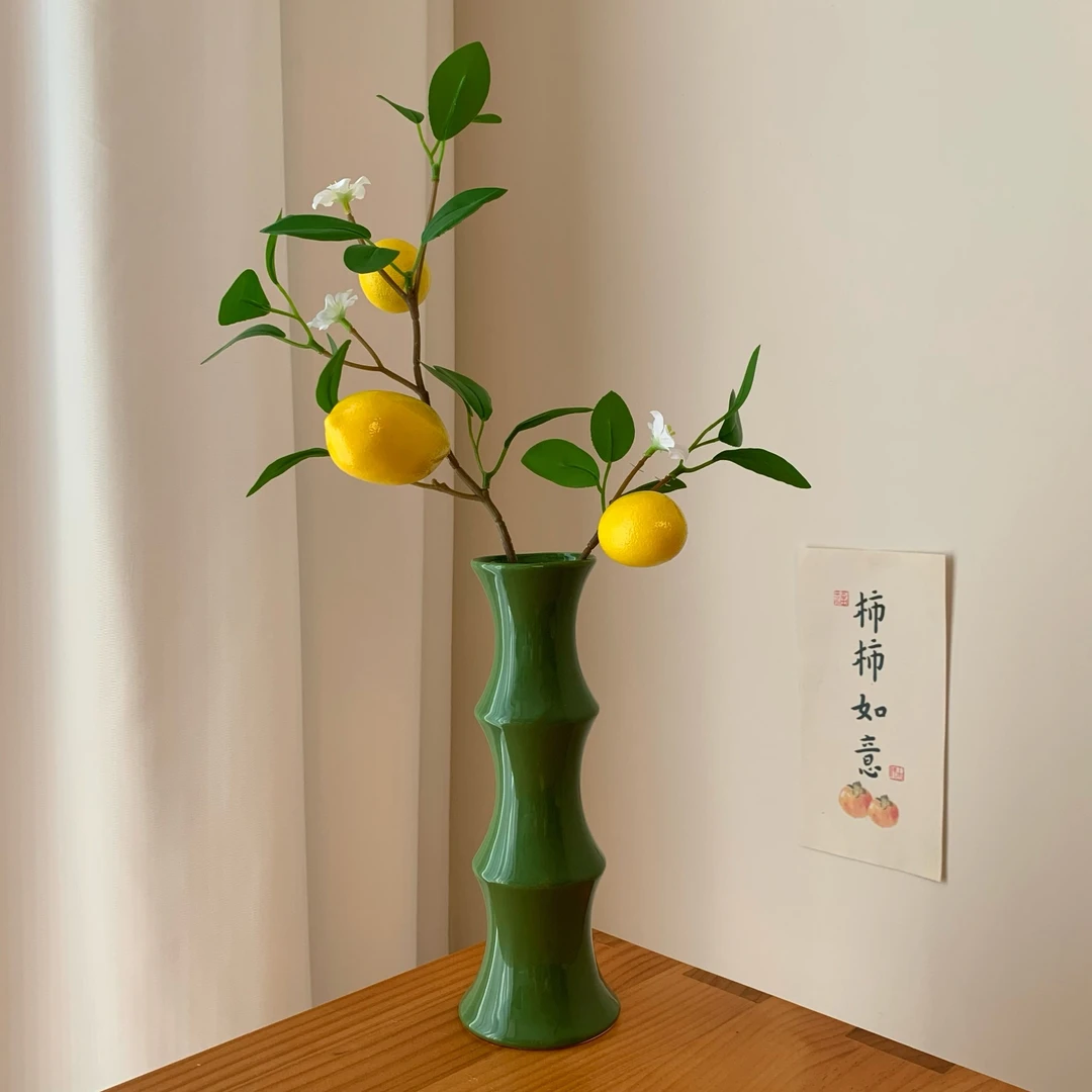 新中式绿色陶瓷花瓶竹节瓶柠檬仿真花假花摆件客厅桌面家居装饰
