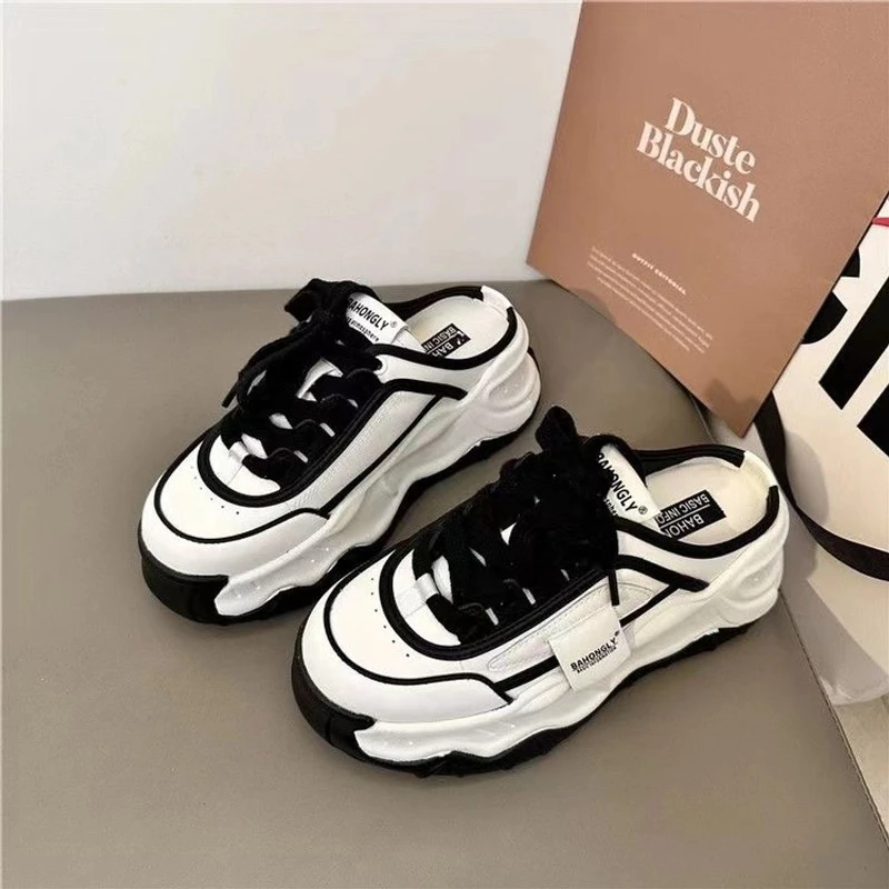 网红时尚包头半拖鞋外穿女2024夏季新款厚底无后跟显高懒人老爹鞋