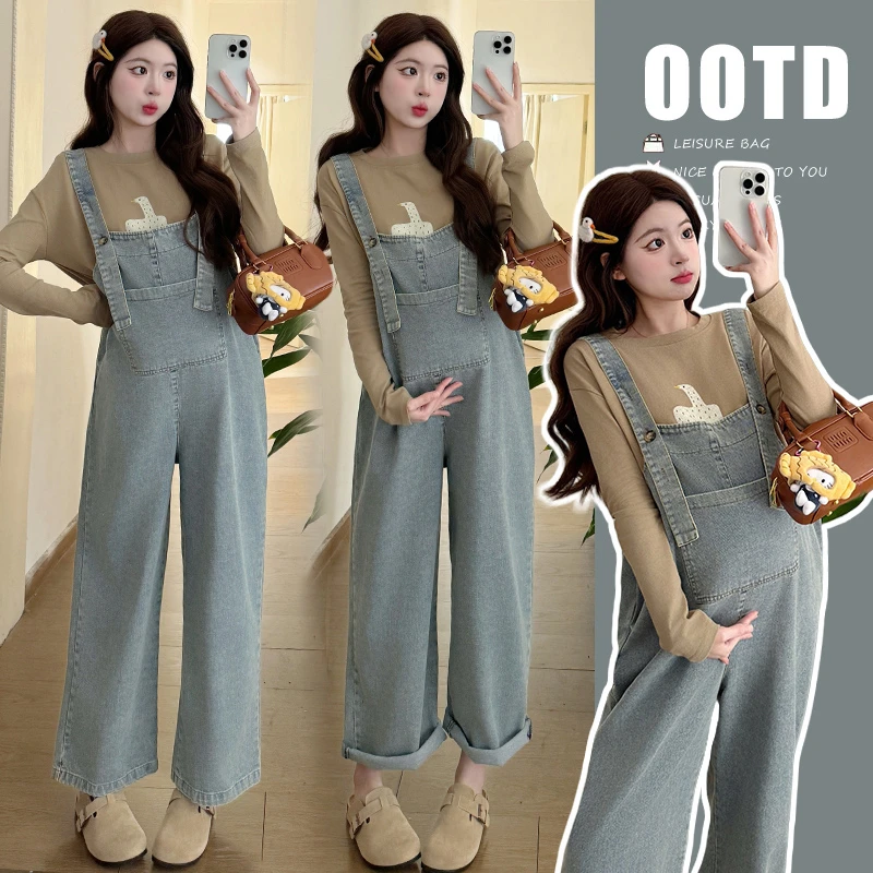 2025新款孕妇韩版宽松休闲牛仔背带裤+可爱小鸭T恤套装潮