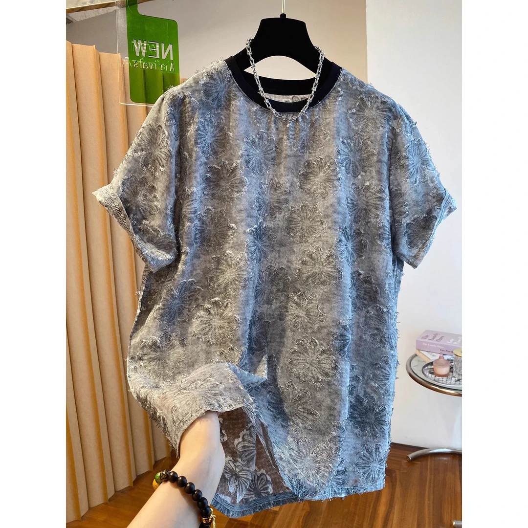 胖妹妹240斤大码别致独特立体花朵t恤女短袖2025夏季新款宽松上衣