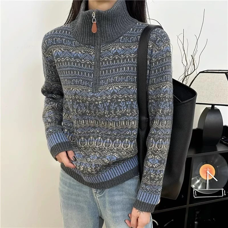【费尔岛-半拉链】重工提花女士针织衫毛衣加厚减龄保暖秋冬百搭