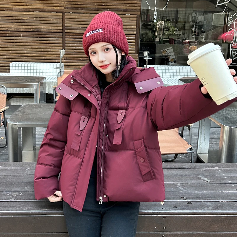 连帽长袖短款棉服冬季2025新款小个子女式宽松棉衣加厚防寒棉袄女
