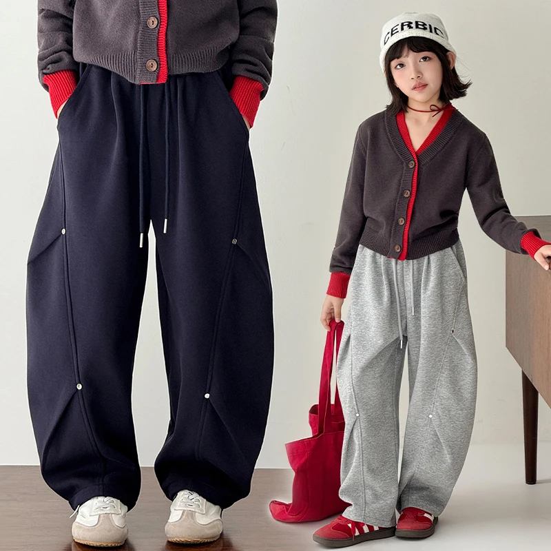 女童针织休闲裤2025春秋款中大童宽松阔腿弯刀裤秋季百搭时尚卫裤