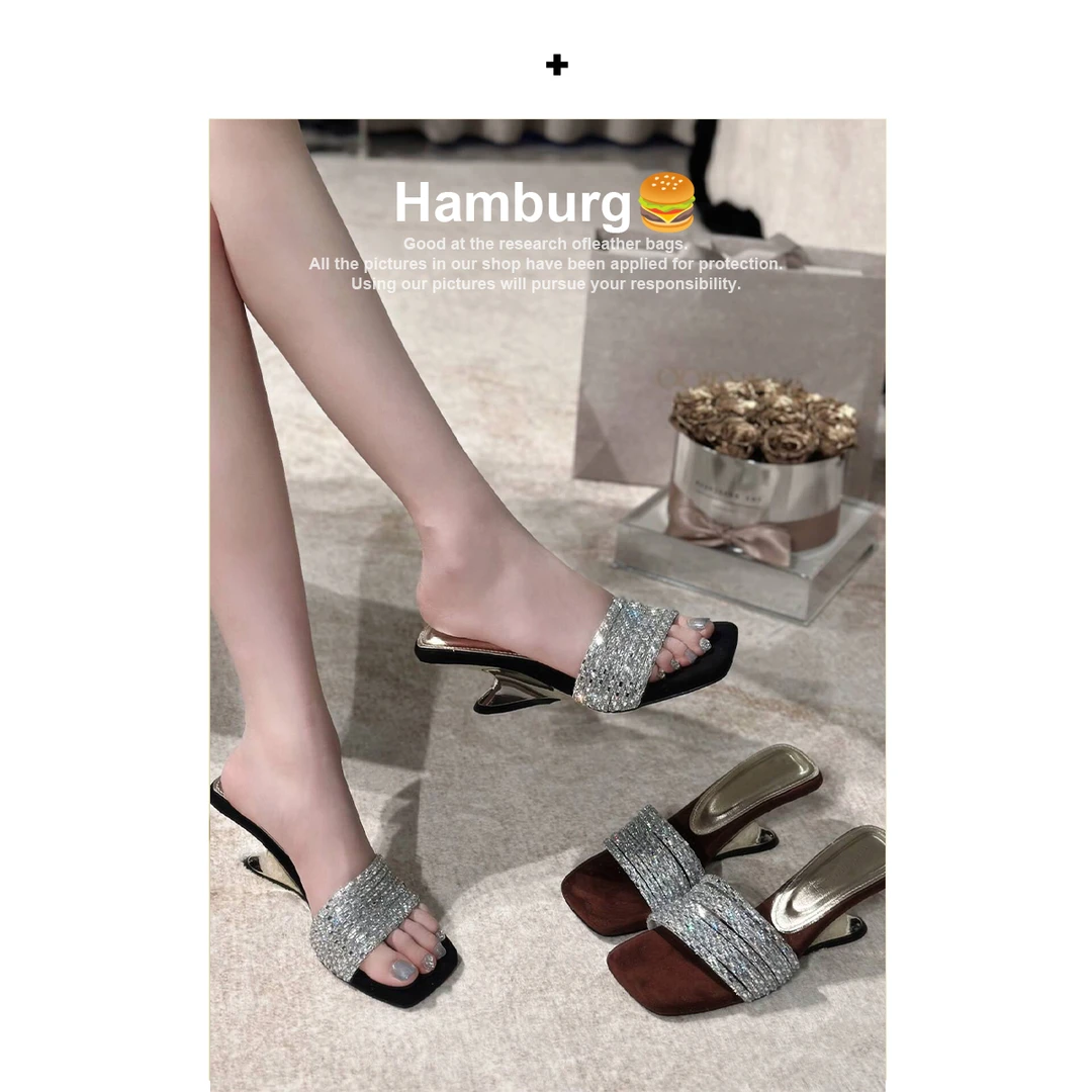 汉堡Hamburg【脚感惊艳】名媛坡跟水钻露趾拖鞋女小众异性跟凉拖鞋