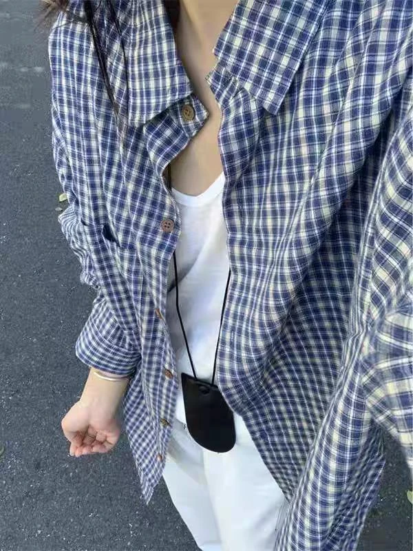 2025韩系蓝色格子衬衫外套女早秋新款宽松休 闲衬衣气质百搭上衣