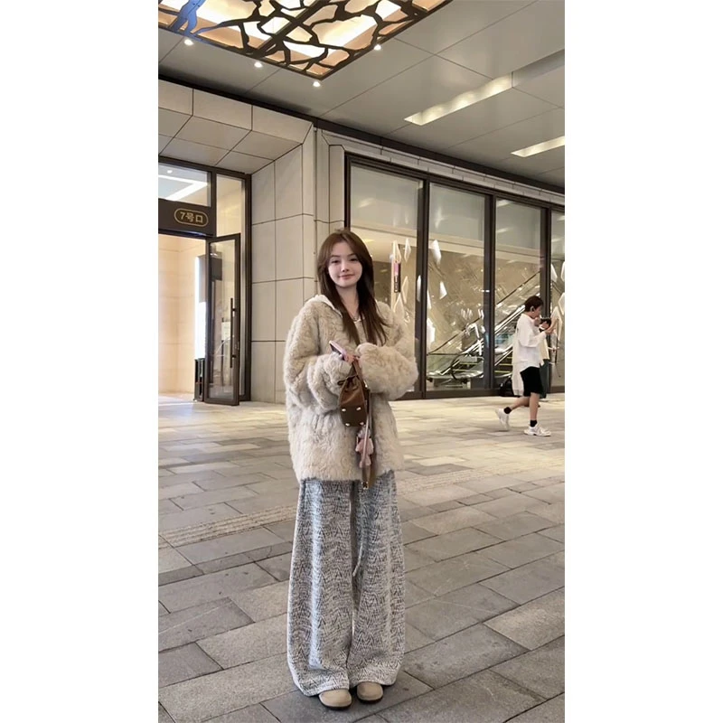 秋冬搭一整套2025新款韩版时尚宽松长袖外套显瘦阔腿休闲裤两件套