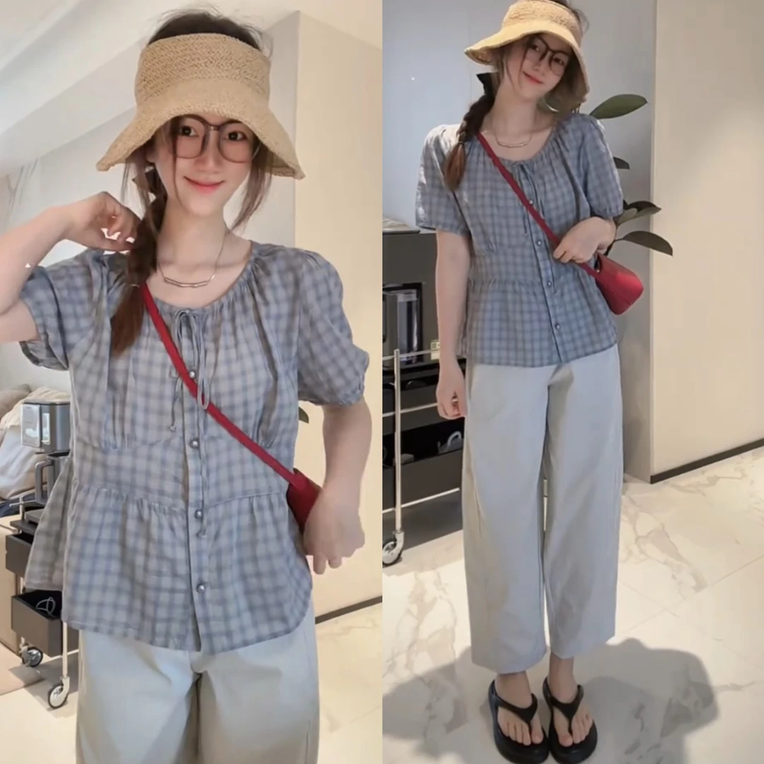 爆款夏季新款设计感格子短袖衬衫女装超好看时尚减龄收腰显瘦小衫